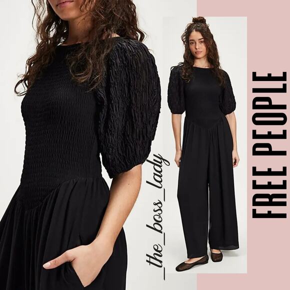 Free People jumpsuit wide-leg puff sleeve smock XS - Picture 1 of 9